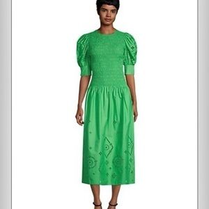NWT Smocked Organic Cotton Eyelet Cutout Midi Dress - Size 44, Elegant Green